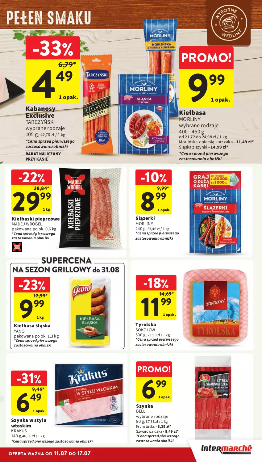 Gazetka promocyjna Intermarche - Gazetka Intermarche - ważna 11.07 do 17.07.2024 - strona 15 - produkty: Bell, Kabanos, Kiełbasa, Kiełbasa śląska, Kiełbaski pieprzowe, Krakus, Kurczak, Madej Wróbel, Morliny, Pieprz, Sok, Sokołów, Szynka, Tarczyński