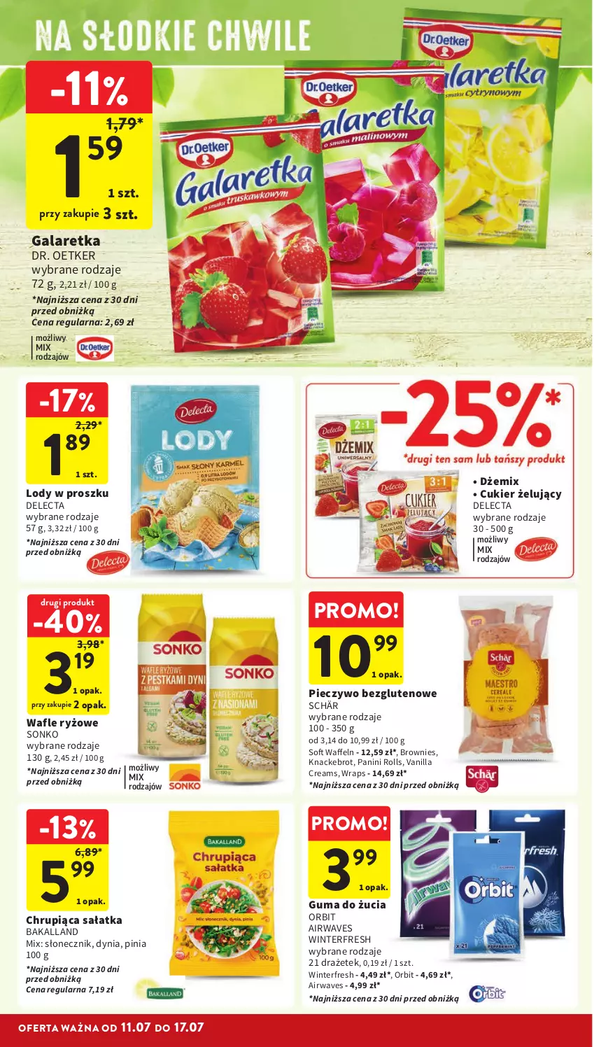 Gazetka promocyjna Intermarche - Gazetka Intermarche - ważna 11.07 do 17.07.2024 - strona 24 - produkty: Bakalland, Brownie, Cukier, Delecta, Dr. Oetker, Dżem, Gala, Galaretka, Guma do żucia, Lody, Orbit, Piec, Pieczywo, Ryż, Sałat, Sałatka, Sonko, Wafle