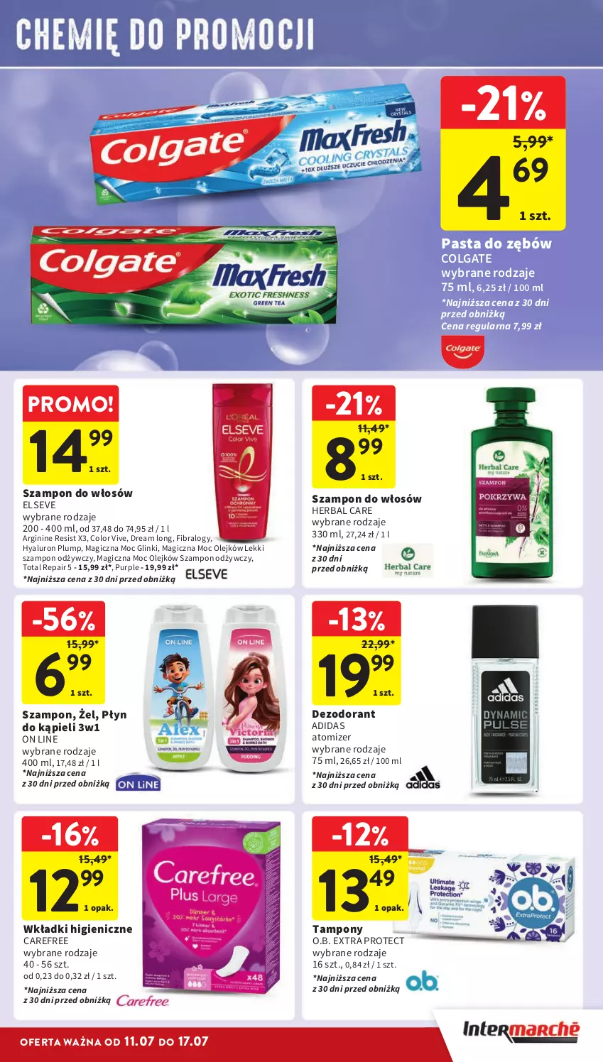 Gazetka promocyjna Intermarche - Gazetka Intermarche - ważna 11.07 do 17.07.2024 - strona 35 - produkty: Adidas, Carefree, Colgate, Dezodorant, Elseve, Gin, LG, O.B., Olej, Pasta do zębów, Płyn do kąpieli, Pur, Szampon, Tampony, Wkładki