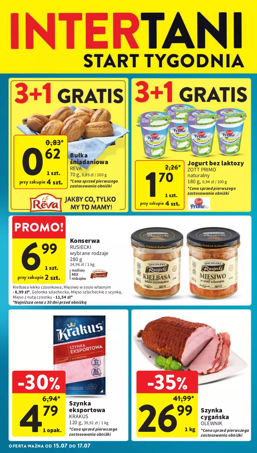 Gazetka promocyjna Intermarche - Gazetka Intermarche - ważna 11.07 do 17.07.2024 - strona 38 - produkty: Bułka, Danio, Jogurt, Kiełbasa, Krakus, Mięso, Olewnik, Por, Ser, Sos, Sport, Szynka, Szynka cygańska, Zott, Zott Primo