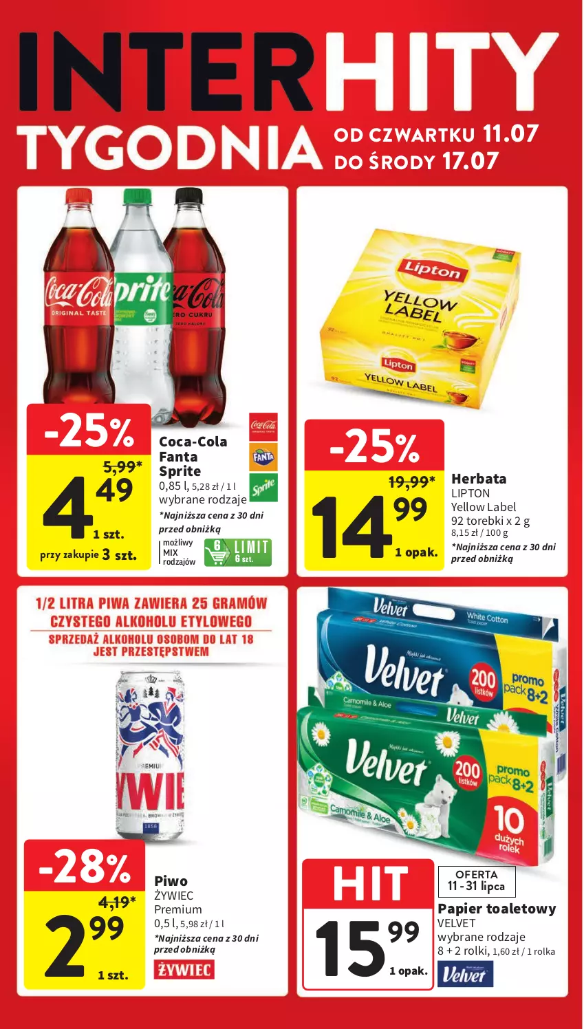 Gazetka promocyjna Intermarche - Gazetka Intermarche - ważna 11.07 do 17.07.2024 - strona 4 - produkty: Coca-Cola, Fa, Fanta, Herbata, Lipton, Papier, Papier toaletowy, Piwo, Rolki, Sprite, Velvet