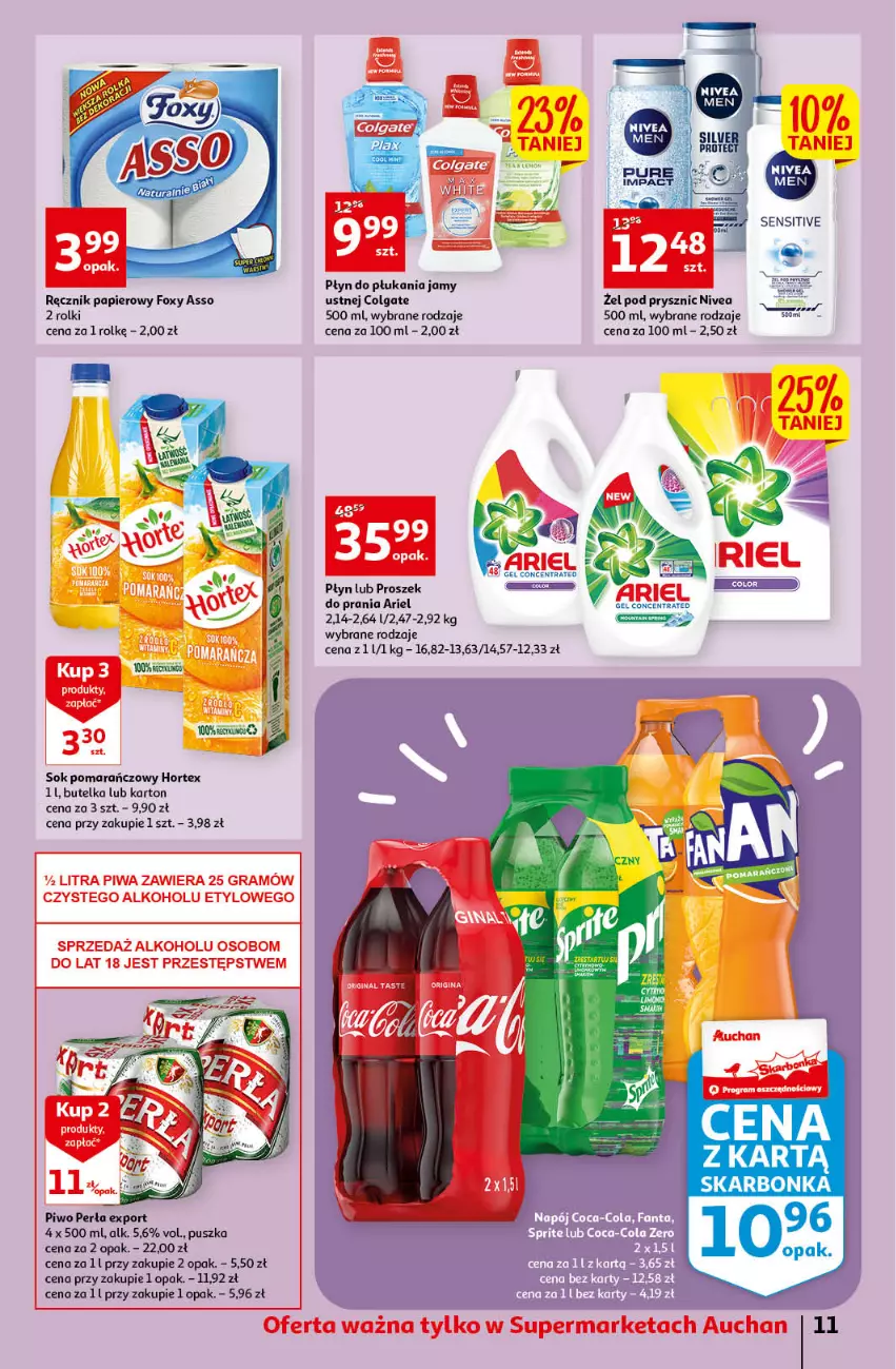 Gazetka promocyjna Auchan - Gazetka Koszyk Oszczędności Auchan Supermarkety - ważna 06.10 do 12.10.2022 - strona 11 - produkty: Ariel, Colgate, Foxy, Gra, Hortex, LG, Nivea, Papier, Perła, Piwa, Piwo, Płyn do płukania, Por, Proszek do prania, Ręcznik, Rolki, Sok, Sok pomarańczowy