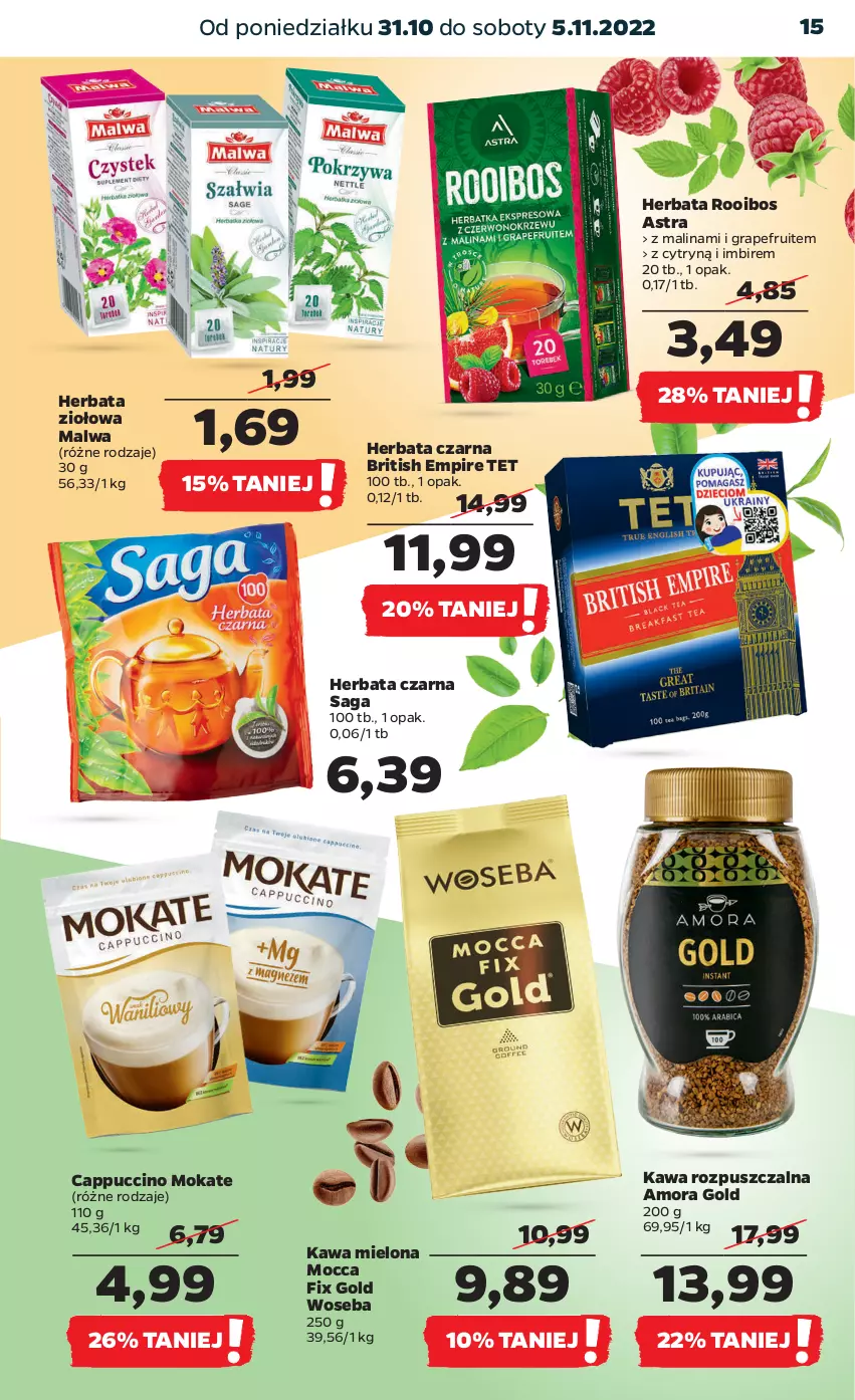 Gazetka promocyjna Netto - Artykuły spożywcze - ważna 31.10 do 05.11.2022 - strona 15 - produkty: Brit, Cappuccino, Gra, Herbata, Herbata czarna, Imbir, Kawa, Kawa mielona, Kawa rozpuszczalna, Mocca Fix Gold, Saga, Woseba