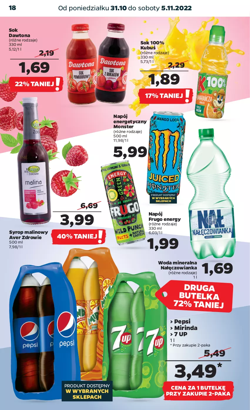 Gazetka promocyjna Netto - Artykuły spożywcze - ważna 31.10 do 05.11.2022 - strona 18 - produkty: Dawtona, Kubuś, Mirinda, Nałęczowianka, Napój, Napój energetyczny, Pepsi, Sok, Syrop, Woda, Woda mineralna, Zdrowie