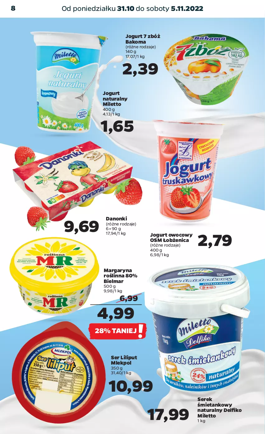 Gazetka promocyjna Netto - Artykuły spożywcze - ważna 31.10 do 05.11.2022 - strona 8 - produkty: Bakoma, Danonki, Jogurt, Jogurt naturalny, Jogurt owocowy, Margaryna, Ser, Serek