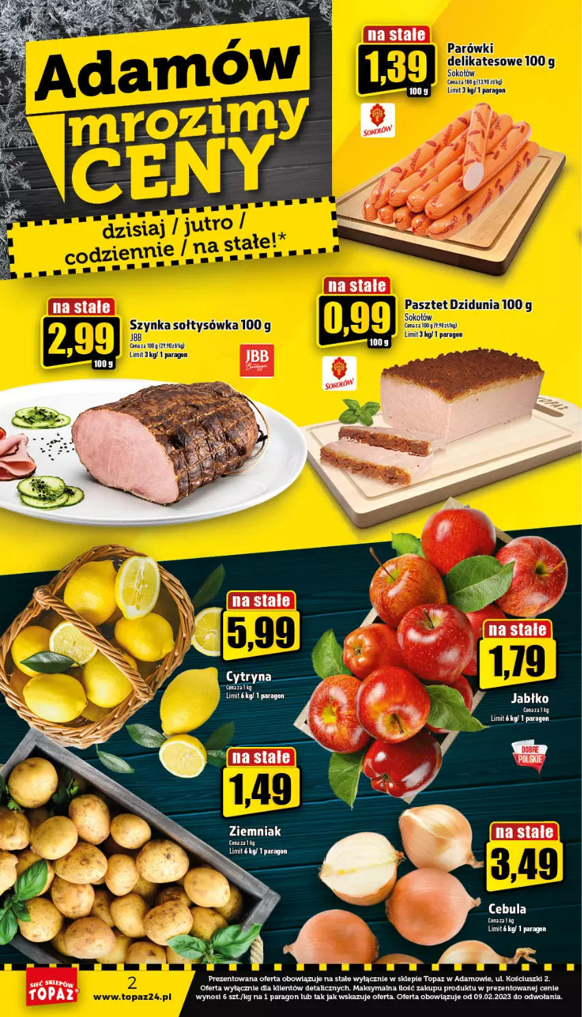 Gazetka promocyjna Topaz - Gazetka - ważna 23.02 do 01.03.2023 - strona 2 - produkty: AEG, Cebula, Parówki, Pasztet, Sok, Sokołów, Szynka, Top