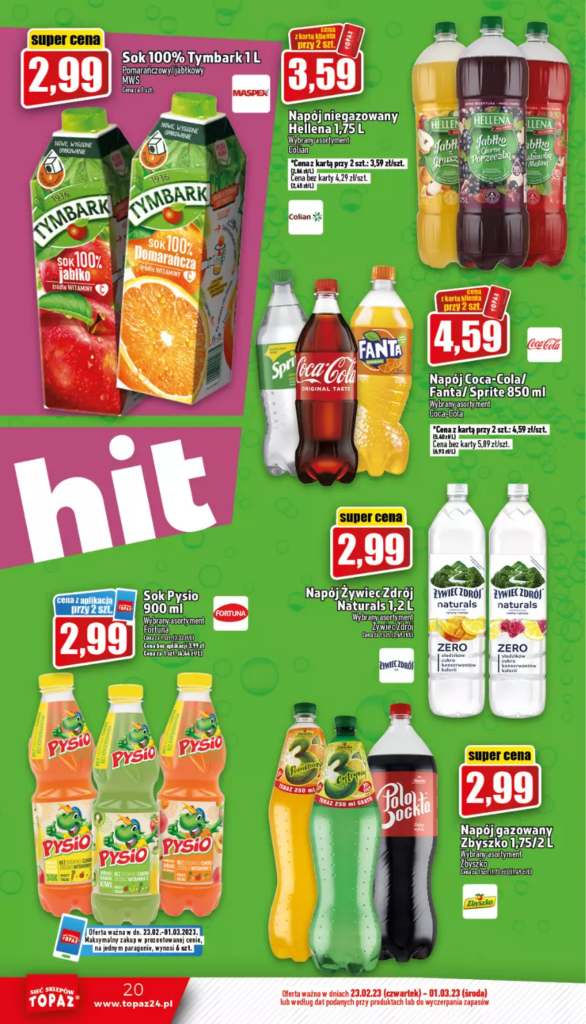 Gazetka promocyjna Topaz - Gazetka - ważna 23.02 do 01.03.2023 - strona 20 - produkty: Coca-Cola, Hellena, Napój, Por, Sok, Top, Tymbark