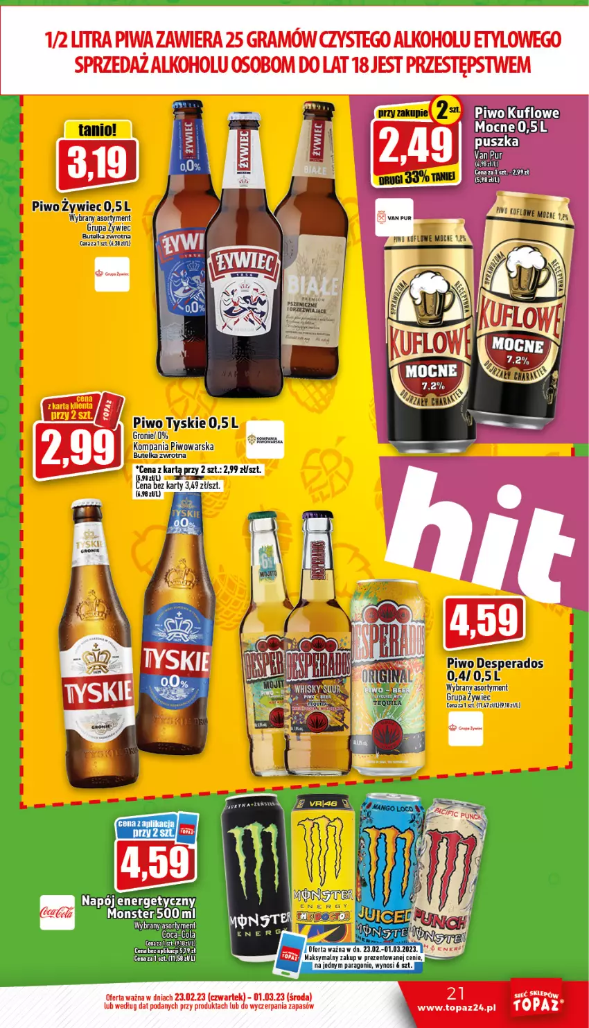 Gazetka promocyjna Topaz - Gazetka - ważna 23.02 do 01.03.2023 - strona 21 - produkty: Desperados, Gra, Piwa, Piwo, Pur, Top, Tyskie