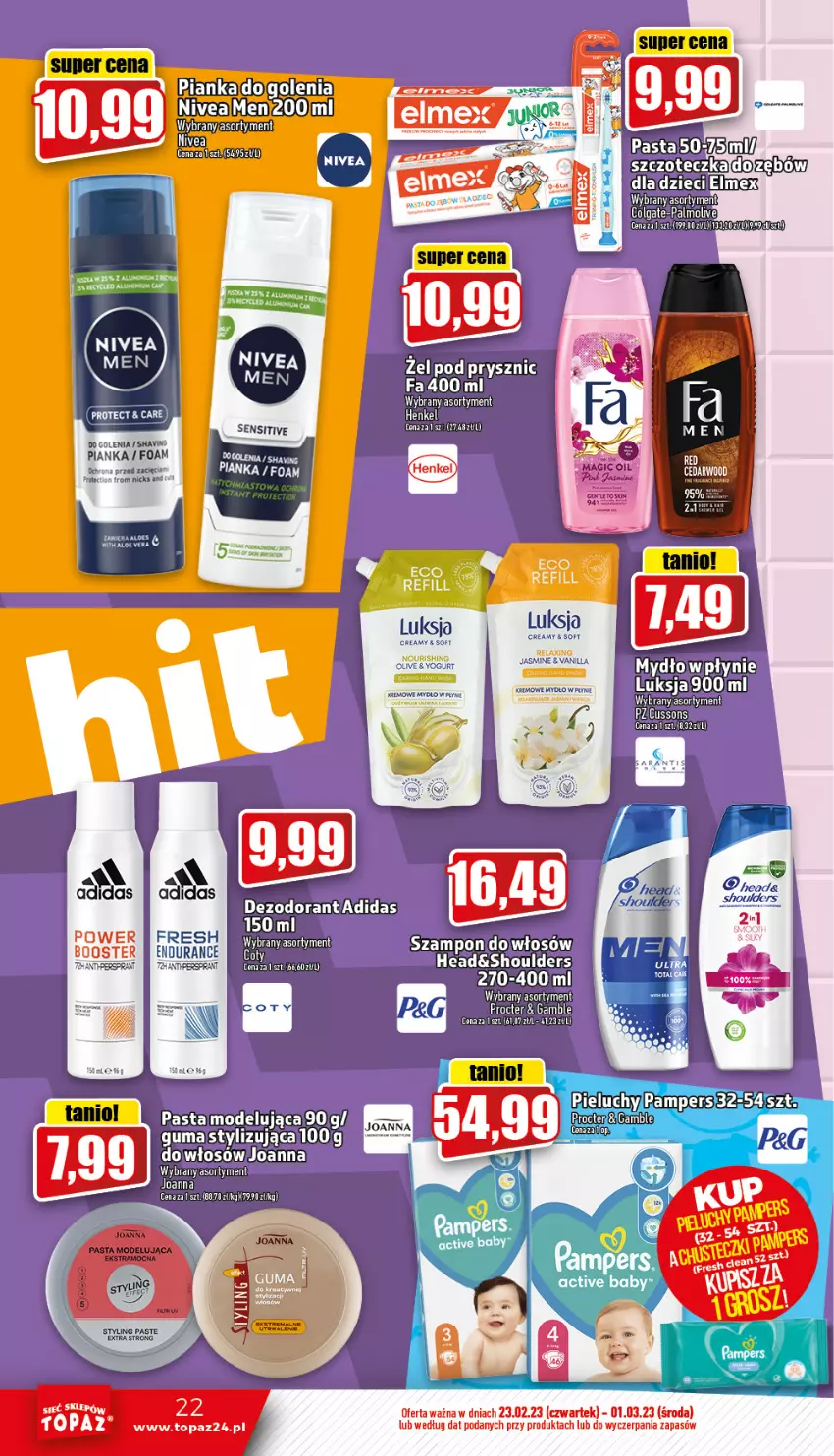 Gazetka promocyjna Topaz - Gazetka - ważna 23.02 do 01.03.2023 - strona 22 - produkty: Adidas, Booster, Fa, Joanna, Luksja, Nivea, Nivea Men, Top