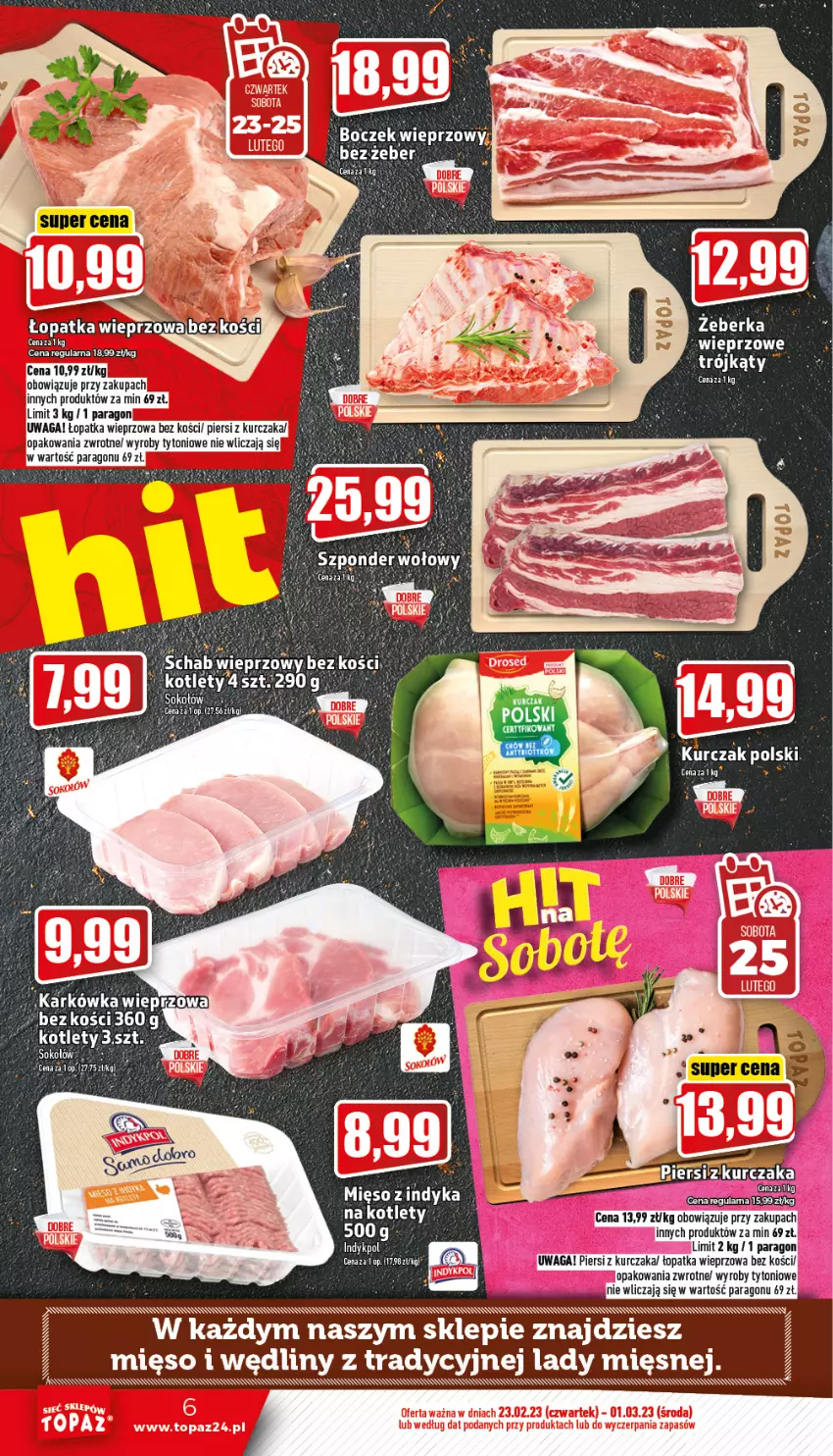 Gazetka promocyjna Topaz - Gazetka - ważna 23.02 do 01.03.2023 - strona 6 - produkty: Boczek, Kotlet, Kurczak, Mięso, Waga