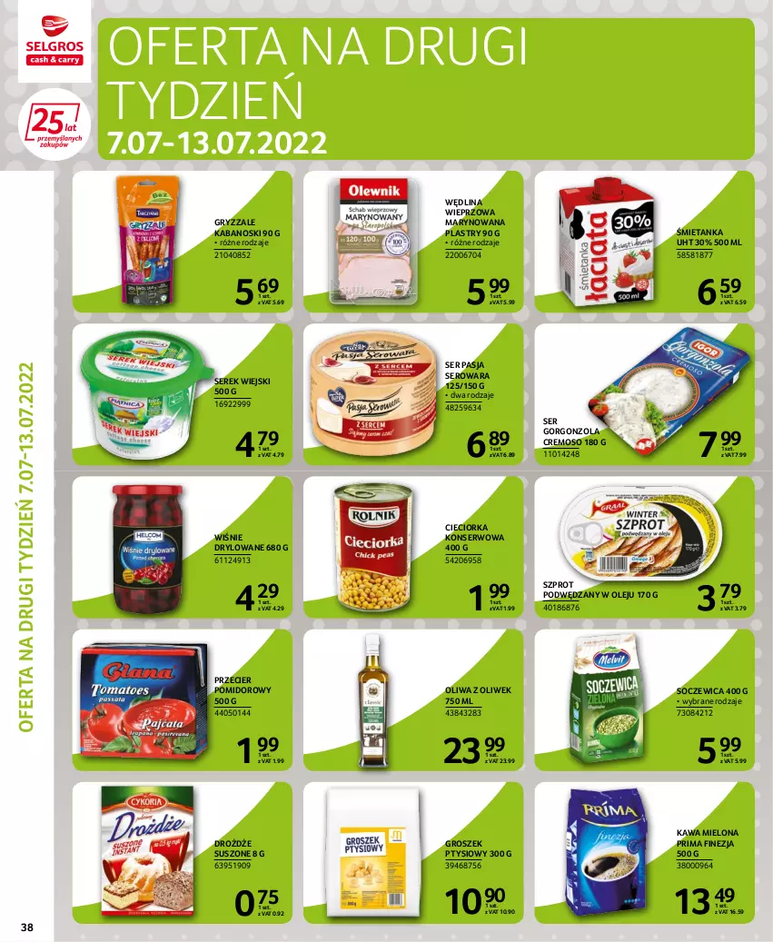 Gazetka promocyjna Selgros - Extra Oferta - ważna 30.06 do 13.07.2022 - strona 40 - produkty: Cieciorka, Drożdże, Gorgonzola, Groszek, Groszek ptysiowy, Gry, Kabanos, Kawa, Kawa mielona, Olej, Oliwa z oliwek, Orka, Prima, Ser, Serek, Serek wiejski, Szprot, Wędlina