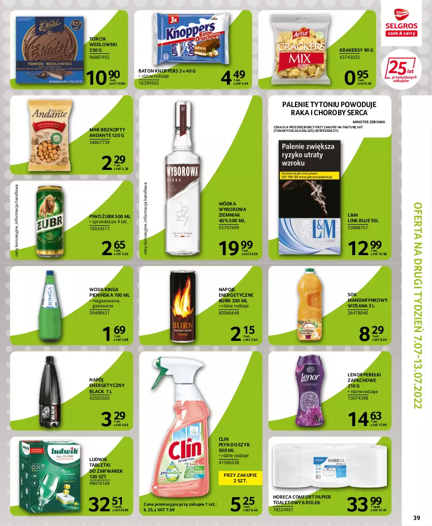 Gazetka promocyjna Selgros - Extra Oferta - ważna 30.06 do 13.07.2022 - strona 41 - produkty: Baton, Biszkopty, Clin, Fa, Knoppers, Krakersy, Lack, Lenor, Ludwik, Napój, Napój energetyczny, Napoje, Papier, Papier toaletowy, Perełki zapachowe, Piwo, Płyn do szyb, Ser, Sok, Tablet, Woda, Wódka, Wosana, Wyborowa