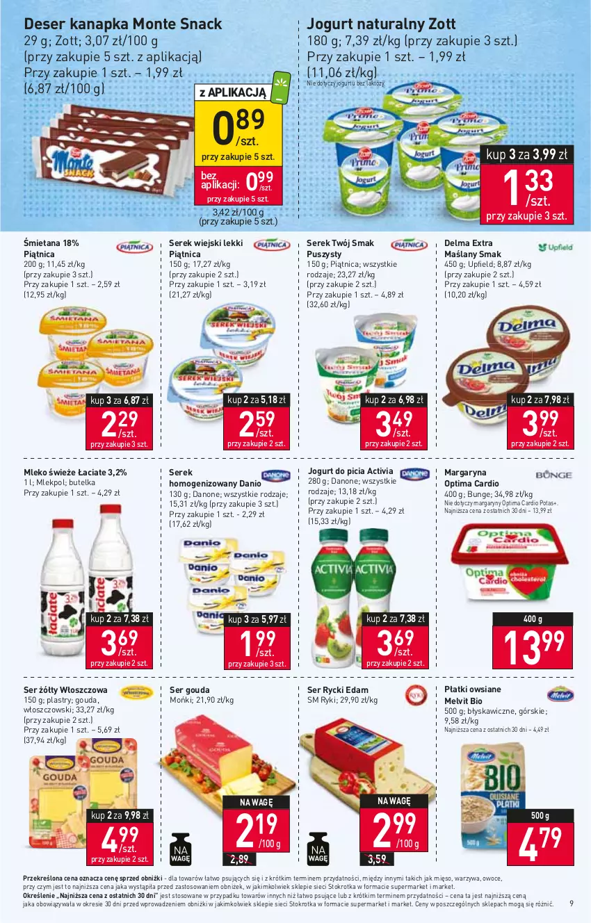 Gazetka promocyjna Stokrotka - Market - ważna 19.10 do 25.10.2023 - strona 12 - produkty: Activia, Danio, Danone, Delma, Deser, Edam, Gouda, Jogurt, Jogurt naturalny, Margaryna, Melvit, Mięso, Mleko, Monte, Optima, Optima Cardio, Owoce, Piątnica, Płatki owsiane, Rycki Edam, Ser, Serek, Serek homogenizowany, Serek wiejski, Twój Smak, Warzywa, Włoszczowski, Zott