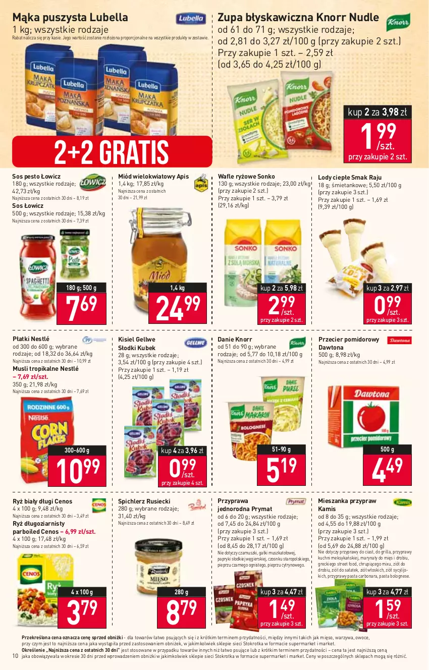 Gazetka promocyjna Stokrotka - Market - ważna 19.10 do 25.10.2023 - strona 13 - produkty: Bell, Bella, Cenos, Dawtona, Gra, Grill, Kamis, Kisiel, Knorr, Kubek, Lody, Lubella, Mąka, Mięso, Miód, Mus, Nestlé, Owoce, Pesto, Pieprz, Por, Prymat, Przyprawy, Ryż, Ryż biały, Sałat, Sonko, Sos, Spichlerz Rusiecki, Wafle, Warzywa, Zupa