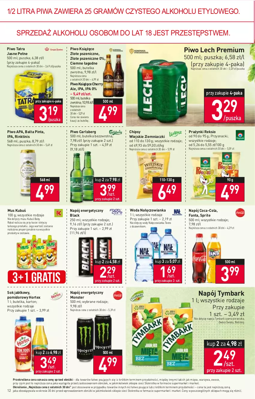 Gazetka promocyjna Stokrotka - Market - ważna 19.10 do 25.10.2023 - strona 15 - produkty: Carlsberg, Chipsy, Coca-Cola, Dozownik, Fa, Fanta, Gra, Hortex, Książęce, Kubuś, Lack, Lech Premium, Mięso, Mus, Nałęczowianka, Napój, Napój energetyczny, Owoce, Piwa, Piwo, Por, Przysnacki, Sok, Sok jabłkowy, Sprite, Tatra, Tymbark, Warzywa, Woda