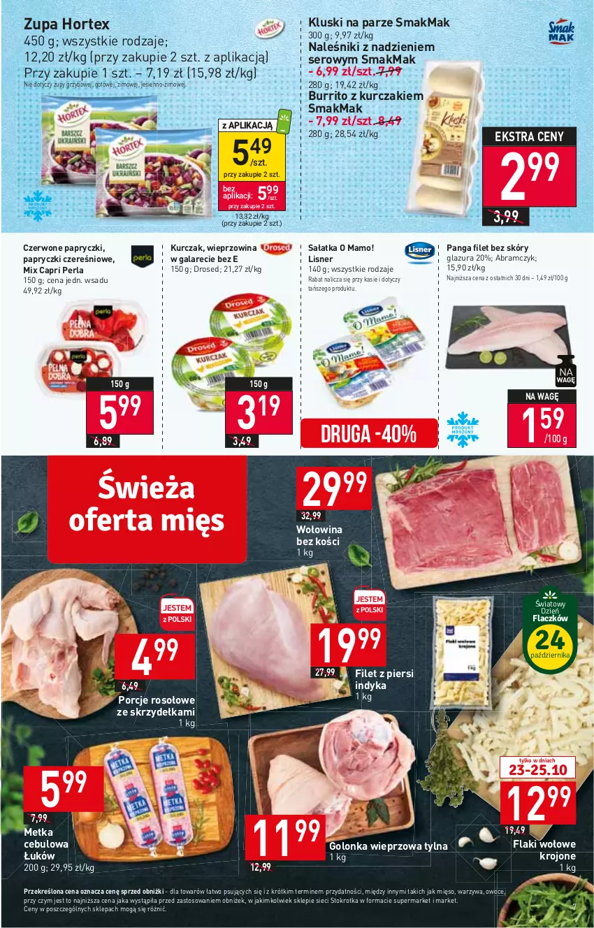 Gazetka promocyjna Stokrotka - Market - ważna 19.10 do 25.10.2023 - strona 9 - produkty: Filet z piersi indyka, Flaki, Flaki wołowe, Gala, Glazura, Golonka wieprzowa, Hortex, Kluski na parze, Kurczak, Lazur, Lisner, Mięso, Naleśniki, Owoce, Panga, Por, Sałat, Sałatka, Ser, Warzywa, Wieprzowina, Wołowina, Wołowina bez kości, Zupa