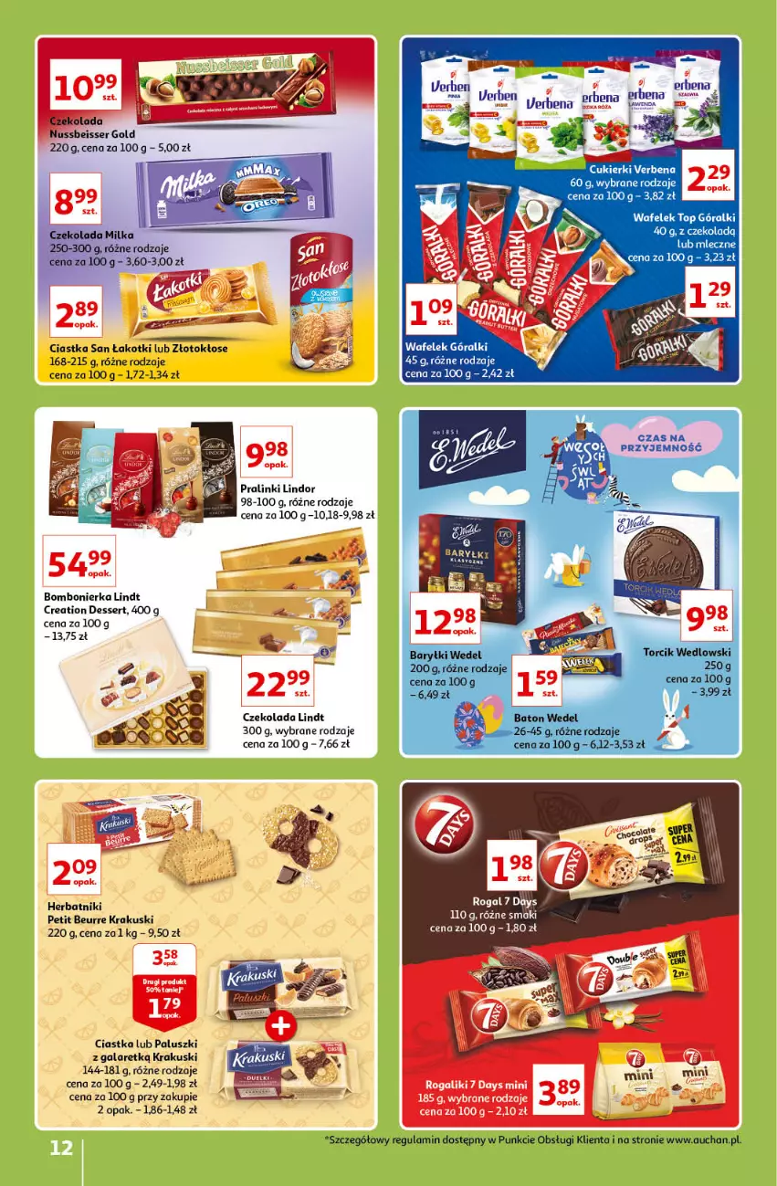 Gazetka promocyjna Auchan - Znane lubiane Marki Hipermarkety - ważna 31.03 do 06.04.2022 - strona 12 - produkty: 7 Days, Baryłki, Baton, Ciastka, Gala, Góralki, Herbatniki, Herbatniki Petit Beurre, Krakus, Krakuski, Lindor, Lindt, Por, Rogal, Ser, Top, Wafelek