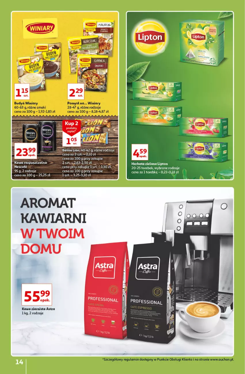 Gazetka promocyjna Auchan - Znane lubiane Marki Hipermarkety - ważna 31.03 do 06.04.2022 - strona 14 - produkty: Budyń, Herbata, Kawa, Kawa ziarnista, Lion, Lipton, Makaron, Winiary