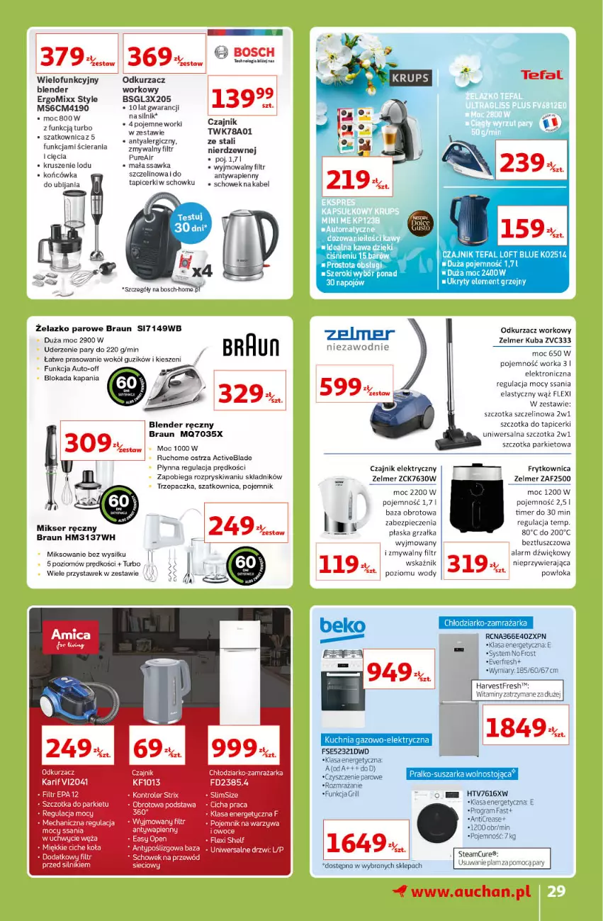 Gazetka promocyjna Auchan - Znane lubiane Marki Hipermarkety - ważna 31.03 do 06.04.2022 - strona 29 - produkty: Beko, Blender, Blender ręczny, Bosch, Braun, Czajnik, Czajnik elektryczny, Drzwi, Grzałka, Mikser, Mikser ręczny, Odkurzacz, Orka, Piec, Pojemnik, Pur, Ser, Szatkownica, Szczotka, Trzepaczka, Warzywa, Zamrażarka, Zelmer