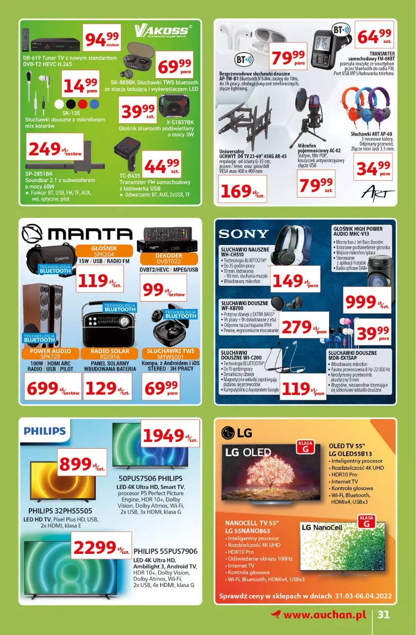 Gazetka promocyjna Auchan - Znane lubiane Marki Hipermarkety - ważna 31.03 do 06.04.2022 - strona 31 - produkty: Android TV, Bateria, Booster, Gin, Gitara, Głośnik, Intel, Kosz, LED TV, LG, Mikrofon, Obraz, Philips, Por, Power audio, Procesor, Przewód, Słuchawki, Smart tv, Telefon, Tran, Transmiter, Transmiter samochodowy, Warka, Wkładki