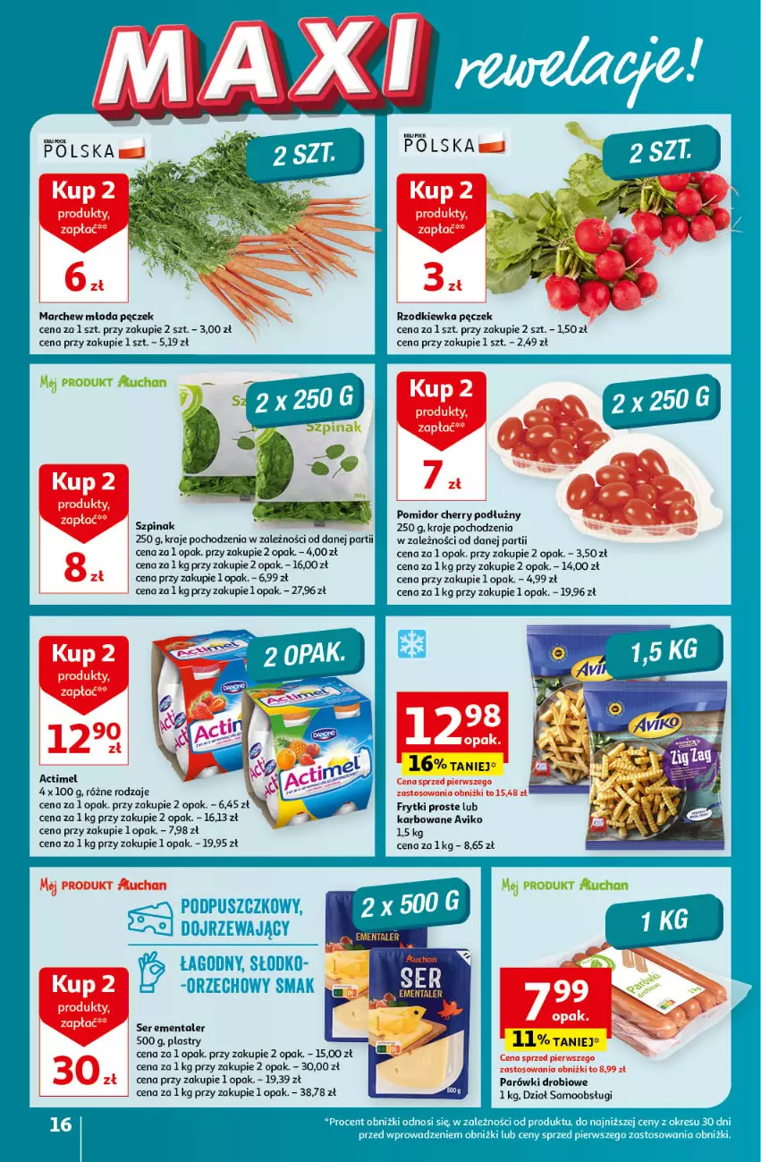 Gazetka promocyjna Auchan - Gazetka Koszyk Oszczędności Auchan Hipermarket Auchan - ważna 16.05 do 22.05.2024 - strona 16 - produkty: Actimel, Ementaler, Frytki, Parówki, Rzodkiewka, Ser, Szpinak