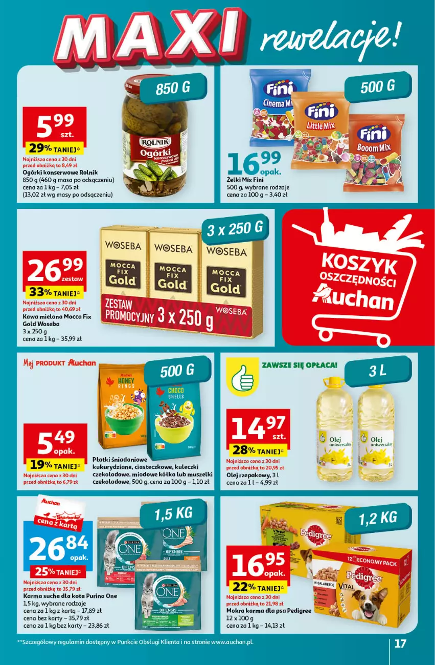 Gazetka promocyjna Auchan - Gazetka Koszyk Oszczędności Auchan Hipermarket Auchan - ważna 16.05 do 22.05.2024 - strona 17 - produkty: Danio, Mokra karma, Mus, Ogórki konserwowe, Olej, Olej rzepakowy, Pedigree, Pur, Purina, Rolnik, Ser, Woseba