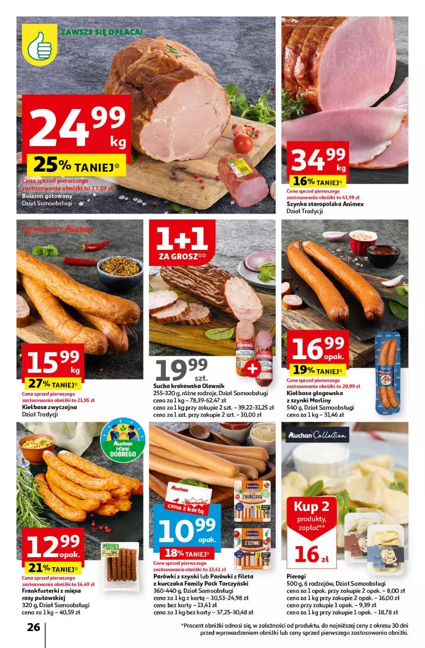 Gazetka promocyjna Auchan - Gazetka Koszyk Oszczędności Auchan Hipermarket Auchan - ważna 16.05 do 22.05.2024 - strona 26 - produkty: Fa, Frankfurterki, Kiełbasa, Kiełbasa głogowska, Kurczak, Morliny, Olewnik, Parówki, Parówki z szynki, Pierogi, Szynka, Tarczyński