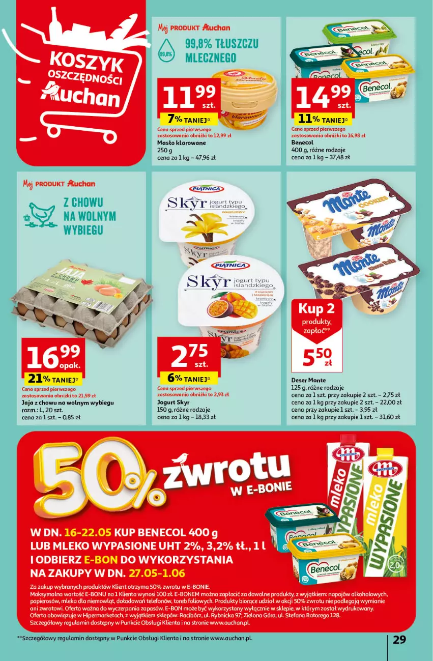 Gazetka promocyjna Auchan - Gazetka Koszyk Oszczędności Auchan Hipermarket Auchan - ważna 16.05 do 22.05.2024 - strona 29 - produkty: Benecol, Deser, Isla, Jaja, Jogurt, Masło, Monte, Piątnica, Ser