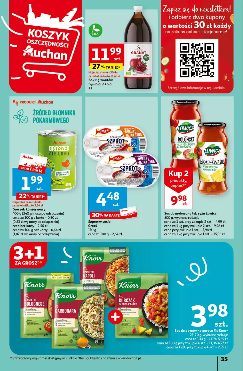 Gazetka promocyjna Auchan - Gazetka Koszyk Oszczędności Auchan Hipermarket Auchan - ważna 16.05 do 22.05.2024 - strona 35 - produkty: Gra, Graal, Granat, Groszek, Knorr, Kurczak, Makaron, Ryż, Ser, Sok, Sos, Sos do makaronu, Szprot, Szprot w sosie