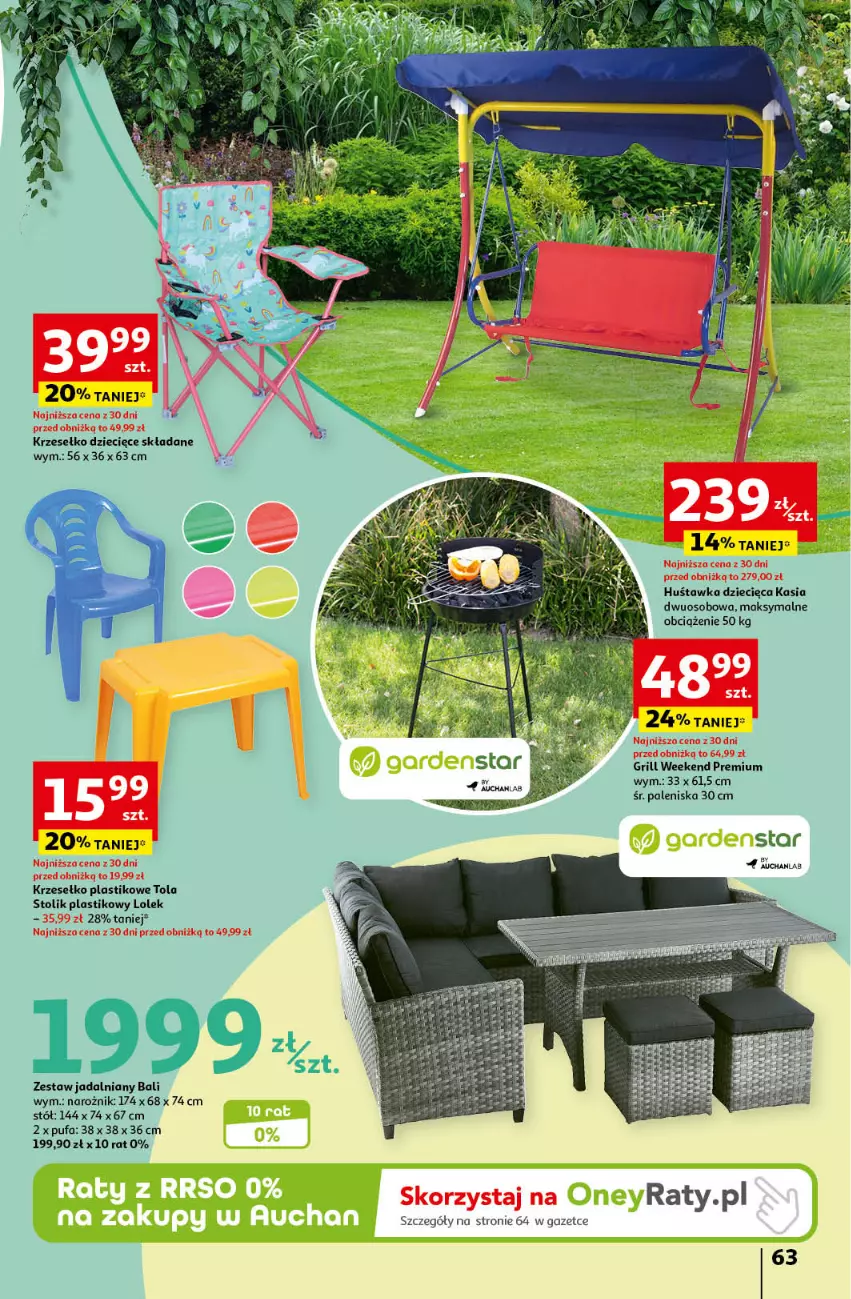 Gazetka promocyjna Auchan - Gazetka Koszyk Oszczędności Auchan Hipermarket Auchan - ważna 16.05 do 22.05.2024 - strona 63 - produkty: Dzieci, Fa, Grill, Huśtawka, Jadalnia, Kasia, Narożnik, Puf, Stół, Stolik