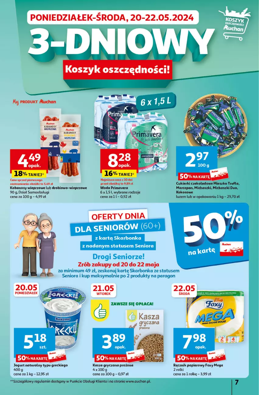 Gazetka promocyjna Auchan - Gazetka Koszyk Oszczędności Auchan Hipermarket Auchan - ważna 16.05 do 22.05.2024 - strona 7 - produkty: Cukier, Cukierki, Cukierki czekoladowe, Foxy, Gry, Jogurt, Jogurt naturalny, Kabanos, Kasza, Kasza gryczana, Kokos, Papier, Prima, Primavera, Ręcznik, Rolki, Woda