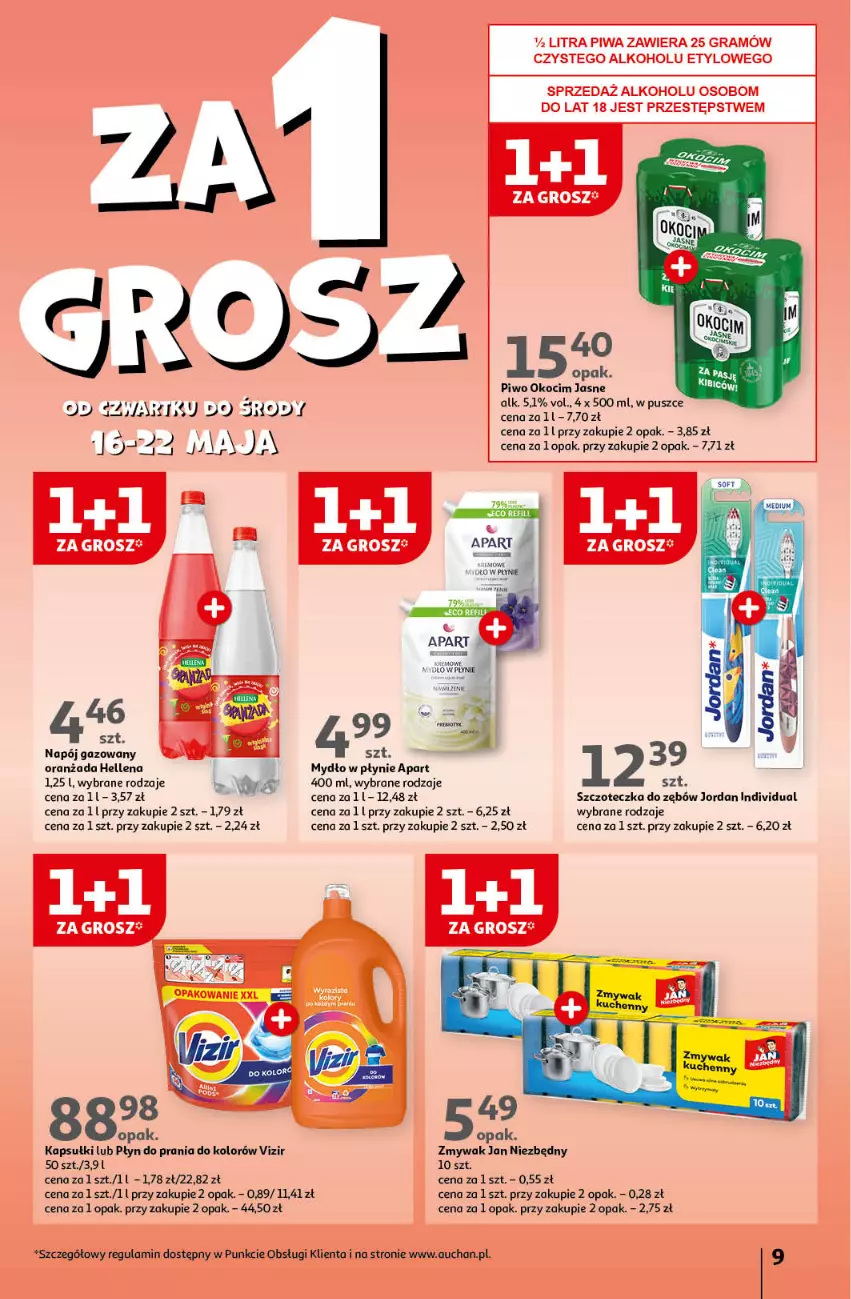 Gazetka promocyjna Auchan - Gazetka Koszyk Oszczędności Auchan Hipermarket Auchan - ważna 16.05 do 22.05.2024 - strona 9 - produkty: BIC, Hellena, Jan Niezbędny, Koc, Mydło, Mydło w płynie, Napój, Napój gazowany, Okocim, Oranżada, Piwo, Płyn do prania, Szczoteczka, Szczoteczka do zębów, Vizir