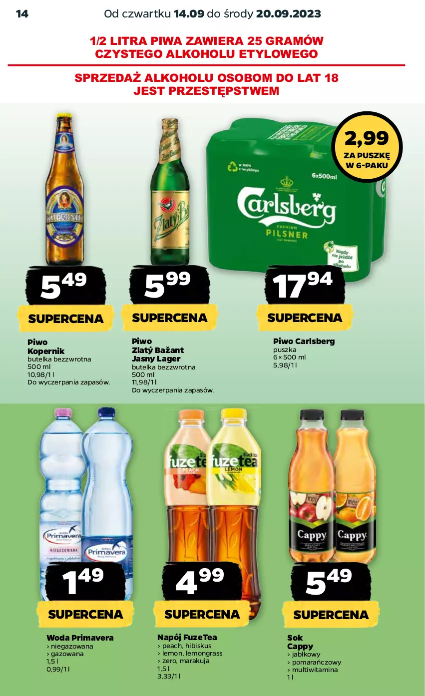 Gazetka promocyjna Netto - Artykuły spożywcze - ważna 14.09 do 20.09.2023 - strona 14 - produkty: Cappy, Carlsberg, Gra, Hibiskus, Napój, Piwa, Piwo, Prima, Primavera, Sok, Woda