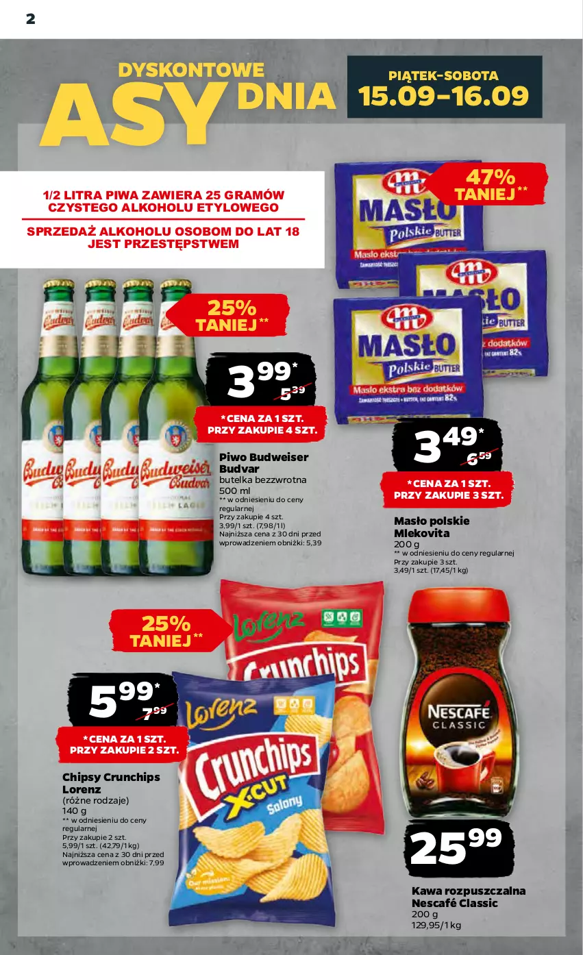 Gazetka promocyjna Netto - Artykuły spożywcze - ważna 14.09 do 20.09.2023 - strona 2 - produkty: Chipsy, Crunchips, Gra, Kawa, Kawa rozpuszczalna, Lorenz, Masło, Mleko, Mlekovita, Nescafé, Piwa, Piwo, Ser