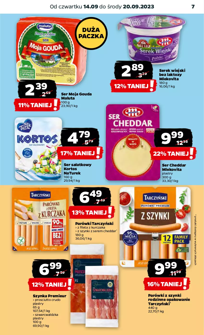 Gazetka promocyjna Netto - Artykuły spożywcze - ważna 14.09 do 20.09.2023 - strona 7 - produkty: Cheddar, Gouda, Kurczak, Mleko, Mlekovita, NaTurek, Parówki, Parówki z szynki, Prosciutto, Sałat, Ser, Serek, Serek wiejski, Szynka, Tarczyński