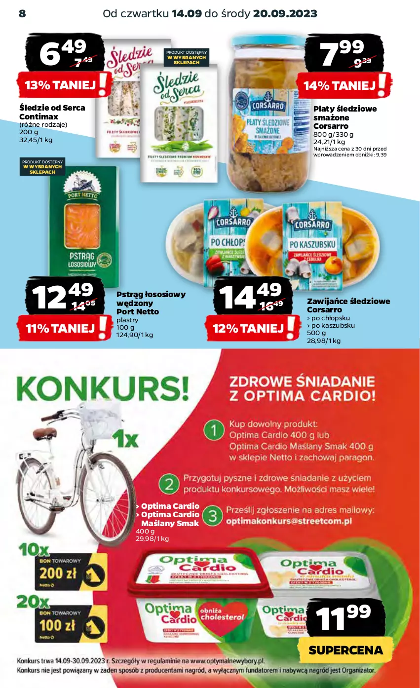 Gazetka promocyjna Netto - Artykuły spożywcze - ważna 14.09 do 20.09.2023 - strona 8 - produkty: Optima, Optima Cardio, Płaty śledziowe, Por, Pstrąg, Pstrąg łososiowy, Ser, Sos