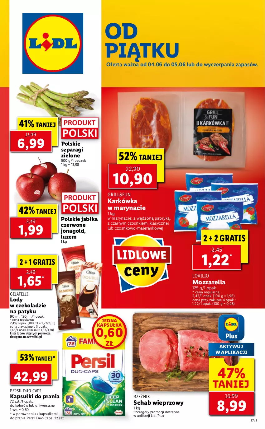 Gazetka promocyjna Lidl - GAZETKA - ważna 04.06 do 05.06.2021 - strona 1 - produkty: Gra, Grill, Jabłka, Jonagold, Kapsułki do prania, Lody, Lovi, Mozzarella, Persil, Por, Schab wieprzowy