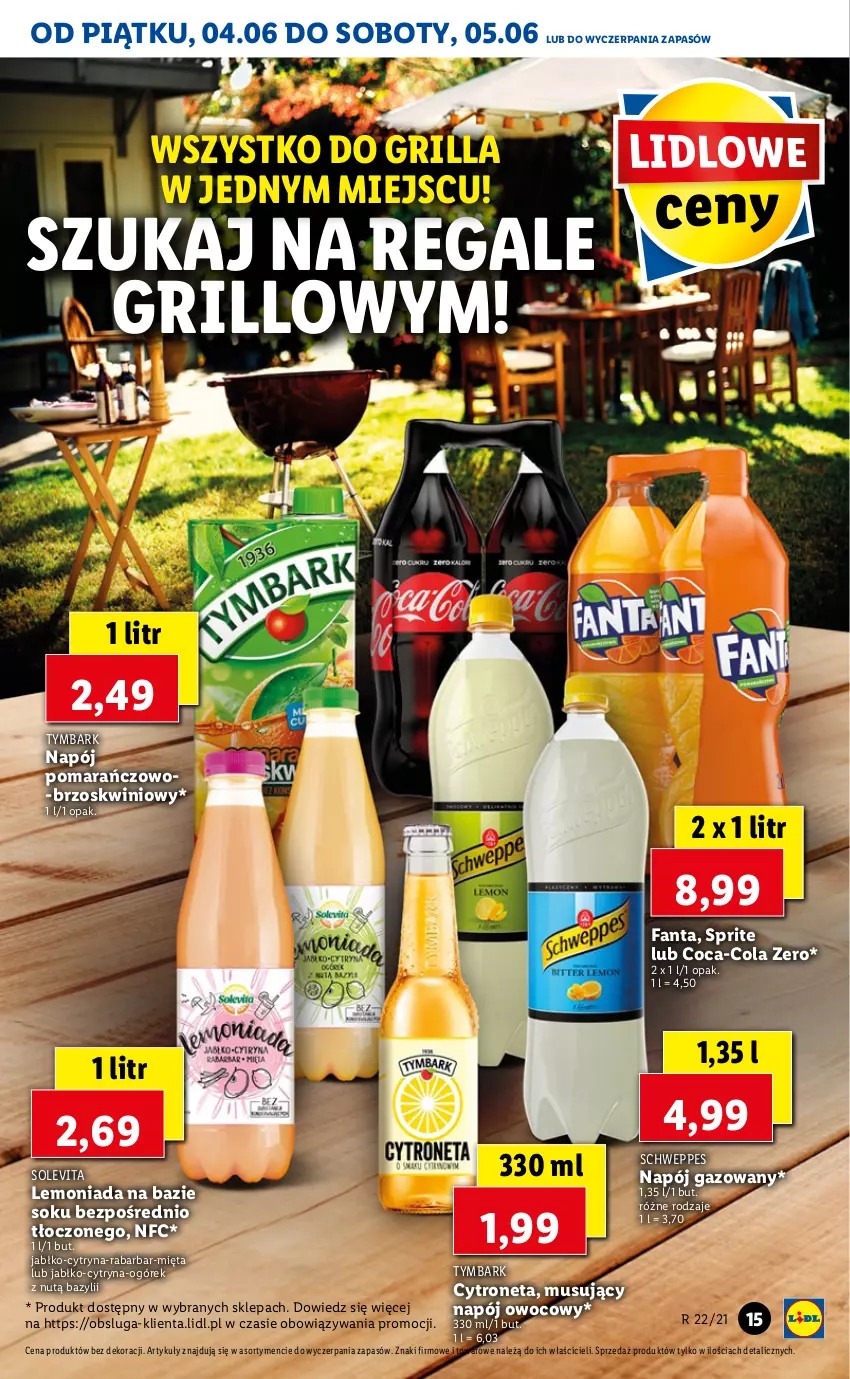 Gazetka promocyjna Lidl - GAZETKA - ważna 04.06 do 05.06.2021 - strona 15 - produkty: Bazyl, Coca-Cola, Fa, Fanta, Grill, Lemoniada, Mięta, Mus, Napój, Napój gazowany, Ogórek, Schweppes, Sok, Sprite, Tymbark