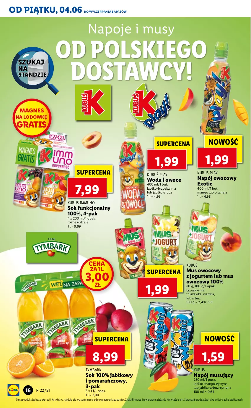 Gazetka promocyjna Lidl - GAZETKA - ważna 04.06 do 05.06.2021 - strona 16 - produkty: Arbuz, Gra, Jogurt, Kubuś, Mango, Mus, Napój, Napój musujący, Napoje, Owoce, Sok, Tymbark, Woda