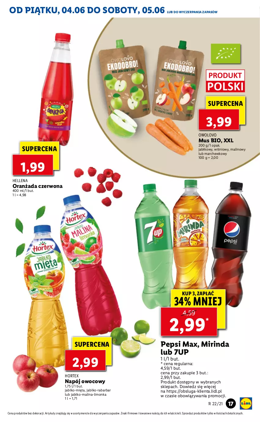 Gazetka promocyjna Lidl - GAZETKA - ważna 04.06 do 05.06.2021 - strona 17 - produkty: 7up, Hellena, Hortex, Limonka, Mięta, Mirinda, Mus, Napój, Oranżada, Pepsi, Pepsi max