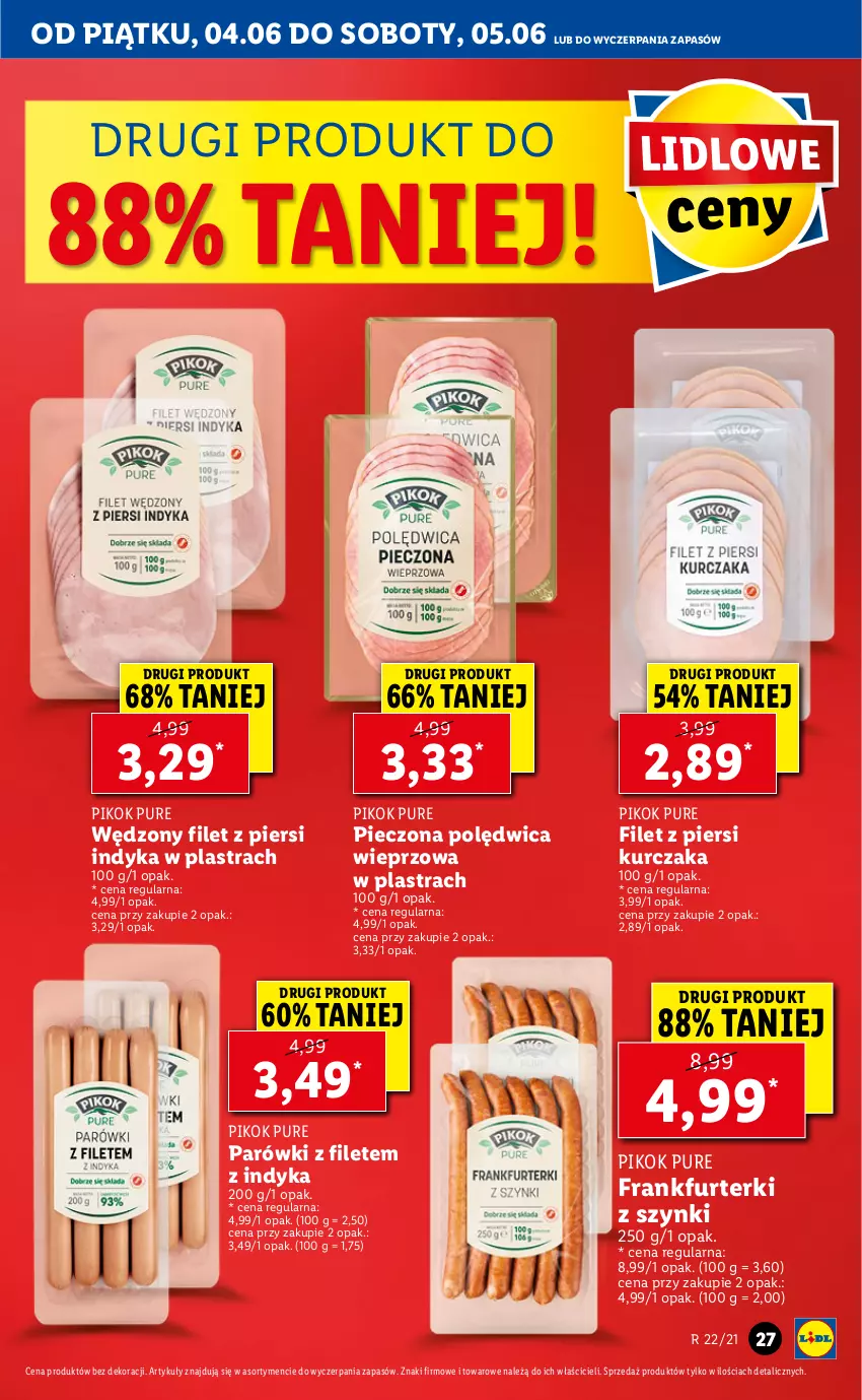 Gazetka promocyjna Lidl - GAZETKA - ważna 04.06 do 05.06.2021 - strona 27 - produkty: Filet z piersi indyka, Filet z piersi kurczaka, Frankfurterki, Kurczak, Parówki, Piec, PIKOK, Polędwica, Pur