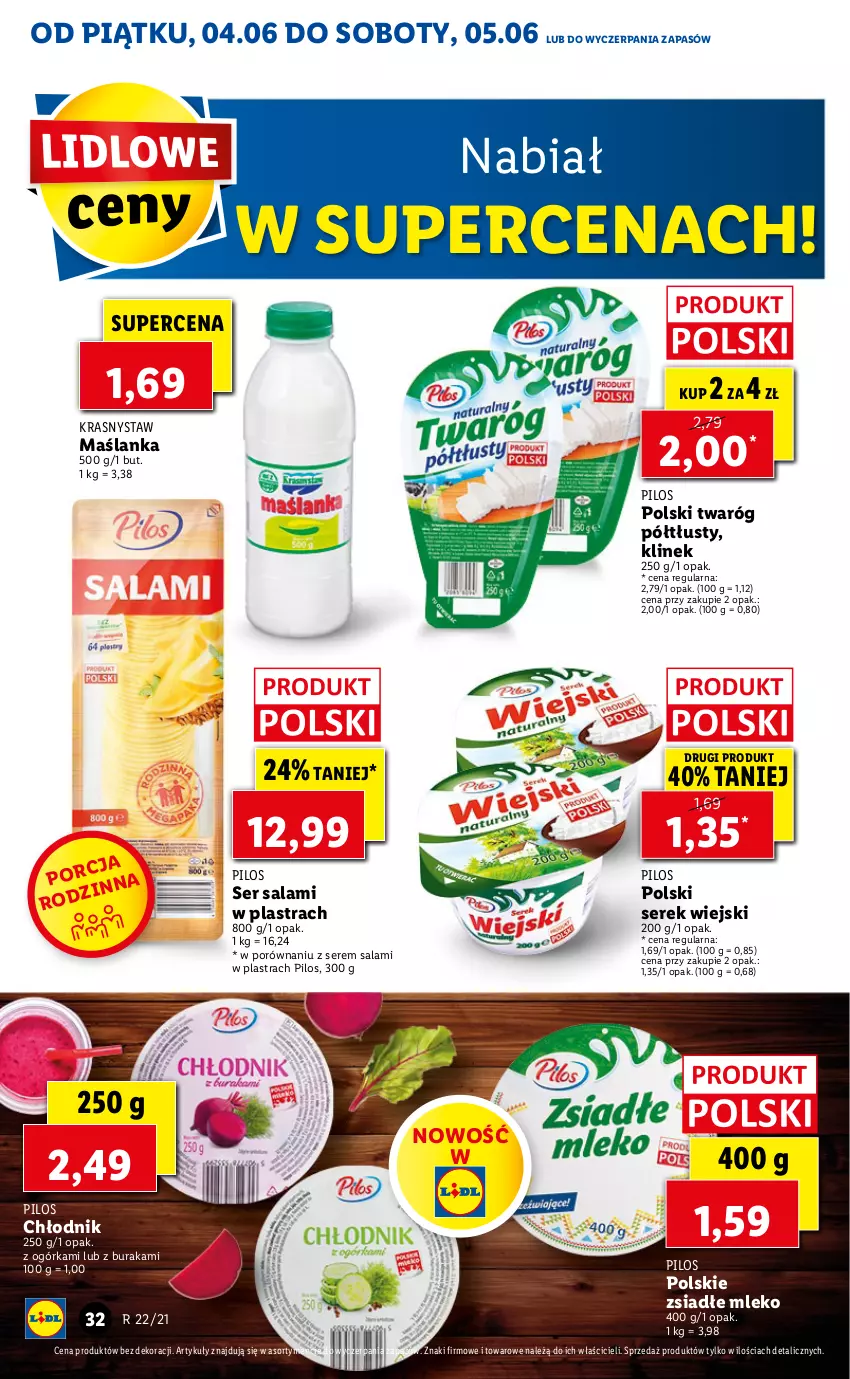 Gazetka promocyjna Lidl - GAZETKA - ważna 04.06 do 05.06.2021 - strona 32 - produkty: Maślanka, Mleko, Pilos, Por, Salami, Ser, Ser salami, Serek, Serek wiejski, Twaróg, Twaróg półtłusty