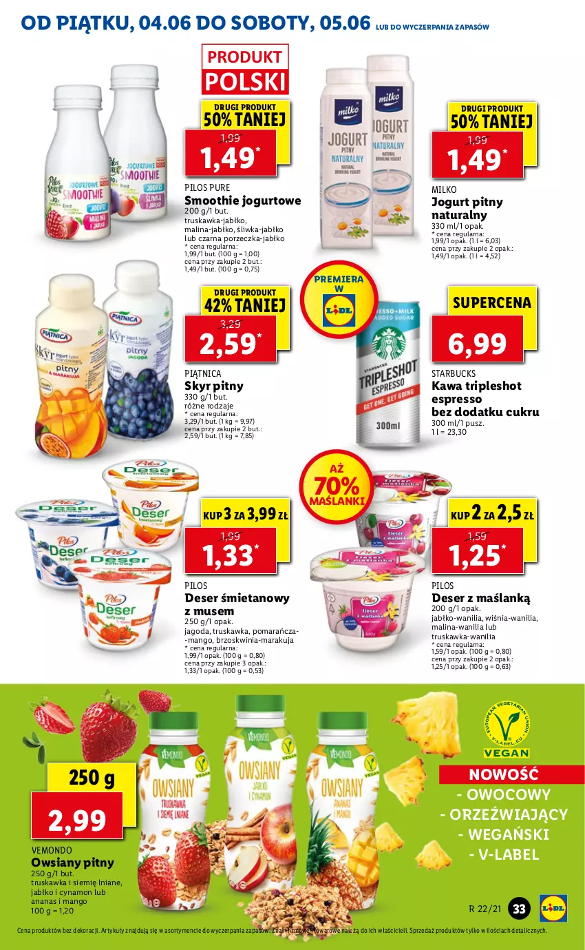 Gazetka promocyjna Lidl - GAZETKA - ważna 04.06 do 05.06.2021 - strona 33 - produkty: Ananas, Deser, Jogurt, Jogurt pitny, Kawa, Lanki, Mango, Mus, Piątnica, Pilos, Por, Pur, Ser, Smoothie