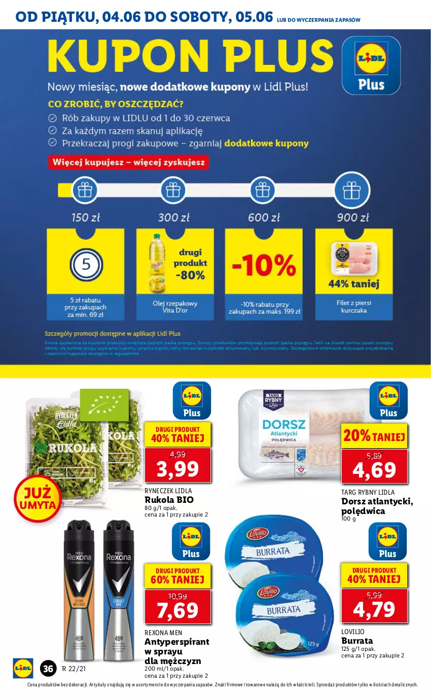 Gazetka promocyjna Lidl - GAZETKA - ważna 04.06 do 05.06.2021 - strona 36 - produkty: Antyperspirant, Burrata, Dorsz, Lovi, Polędwica, Rexona, Rukola