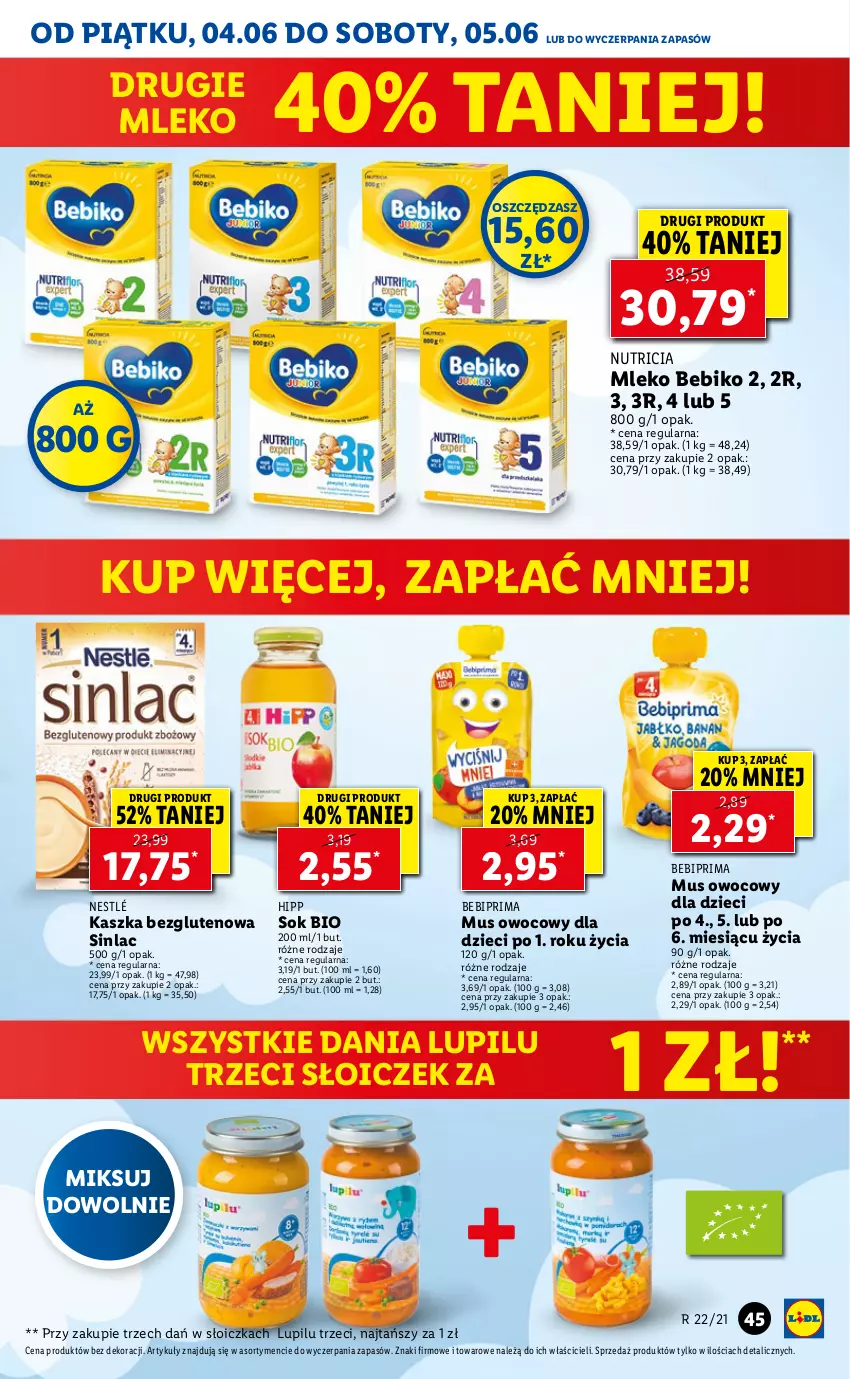 Gazetka promocyjna Lidl - GAZETKA - ważna 04.06 do 05.06.2021 - strona 45 - produkty: Bebiko, Bebiprima, Dzieci, HiPP, Mleko, Mus, Nestlé, Prima, Sinlac, Sok