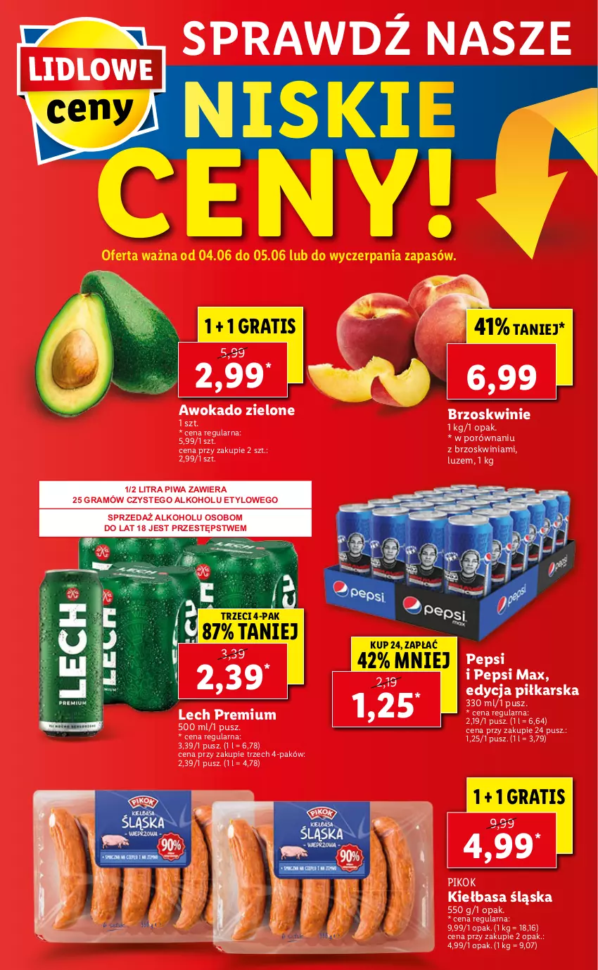 Gazetka promocyjna Lidl - GAZETKA - ważna 04.06 do 05.06.2021 - strona 56 - produkty: Brzoskwinie, Gra, Kiełbasa, Kiełbasa śląska, Lech Premium, Pepsi, Pepsi max, PIKOK, Piwa, Por