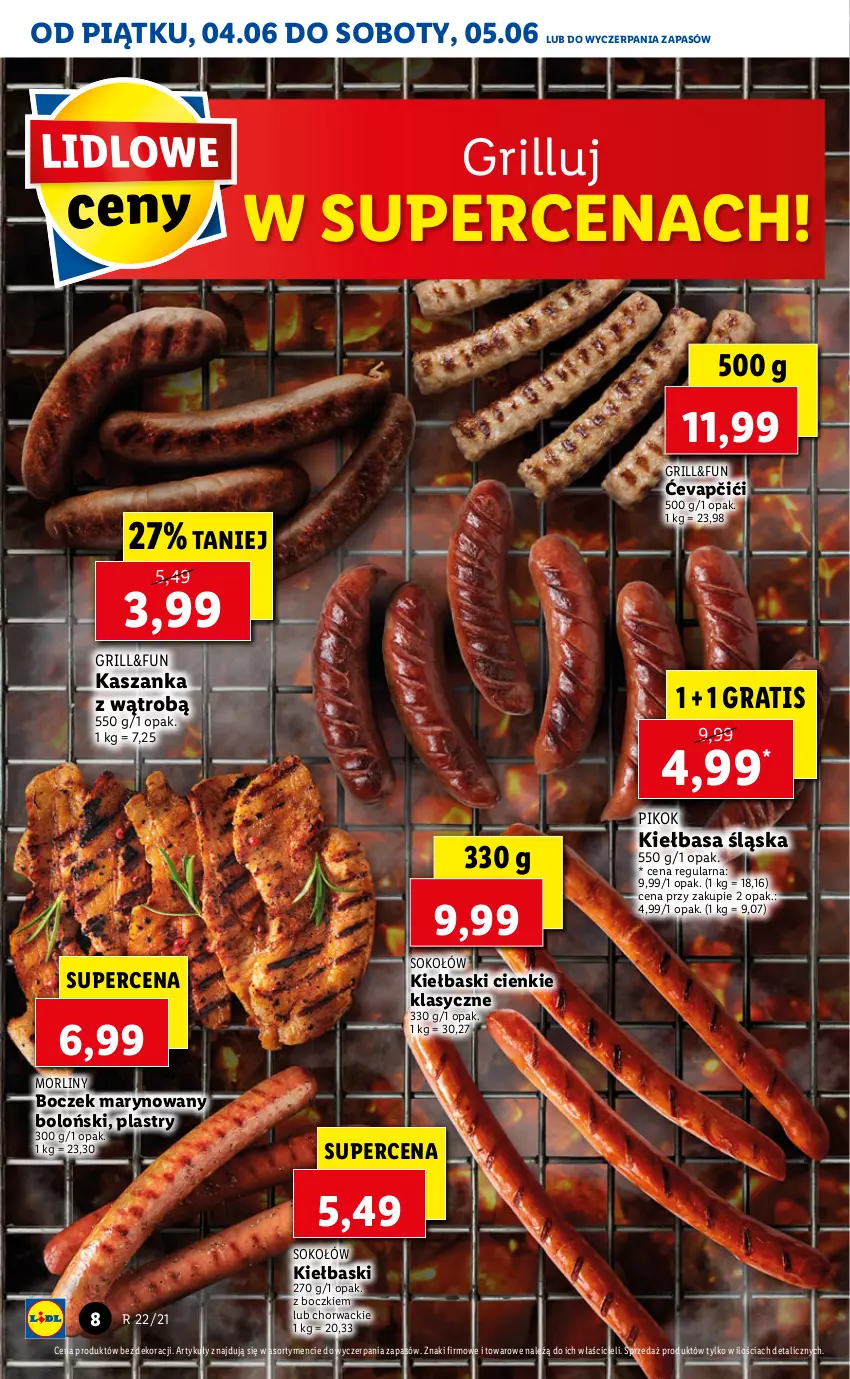 Gazetka promocyjna Lidl - GAZETKA - ważna 04.06 do 05.06.2021 - strona 8 - produkty: Boczek, Gra, Grill, Kasza, Kaszanka, Kiełbasa, Kiełbasa śląska, Morliny, PIKOK, Sok, Sokołów