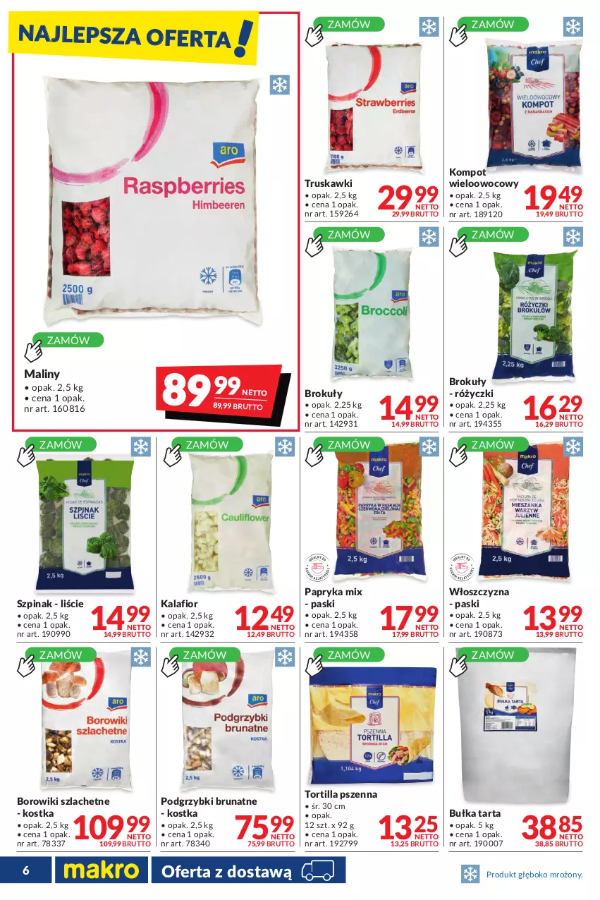 Gazetka promocyjna Makro - [Oferta promocyjna] Dostawa - ważna 31.05 do 27.06.2022 - strona 6 - produkty: Borowiki, Borowiki szlachetne, Brokuły, Bułka, Bułka tarta, Kalafior, Maliny, Papryka, Podgrzybki, Szpinak, Tarta, Tortilla, Truskawki