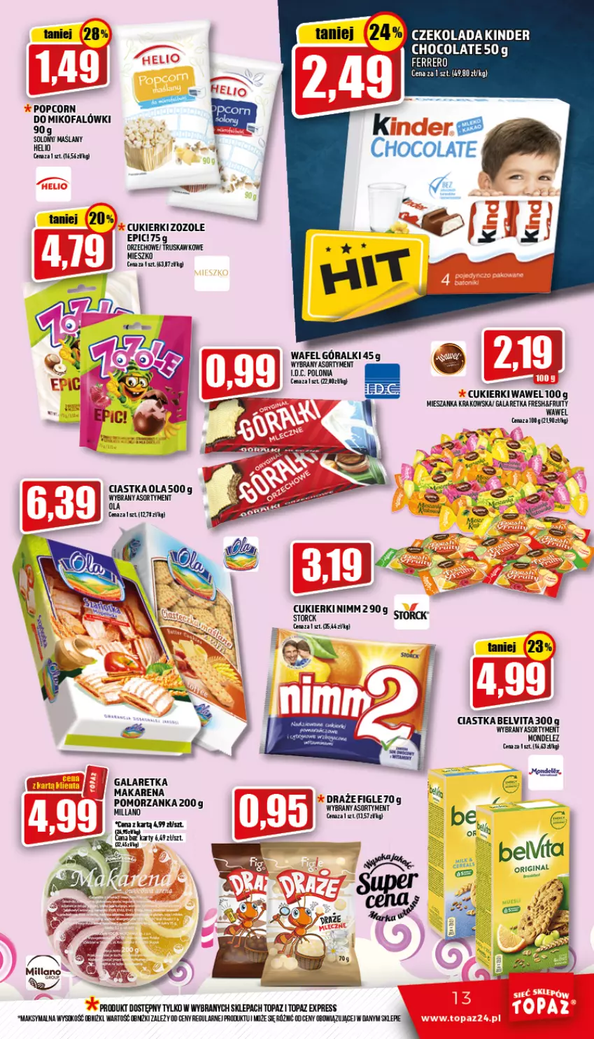 Gazetka promocyjna Topaz - Gazetka - ważna 07.07 do 13.07.2022 - strona 13 - produkty: Ciastka, Cukier, Cukierki, Fa, Gala, Galaretka, Gin, Góralki, Gres, Kinder, Popcorn, Sok, Top, Wawel