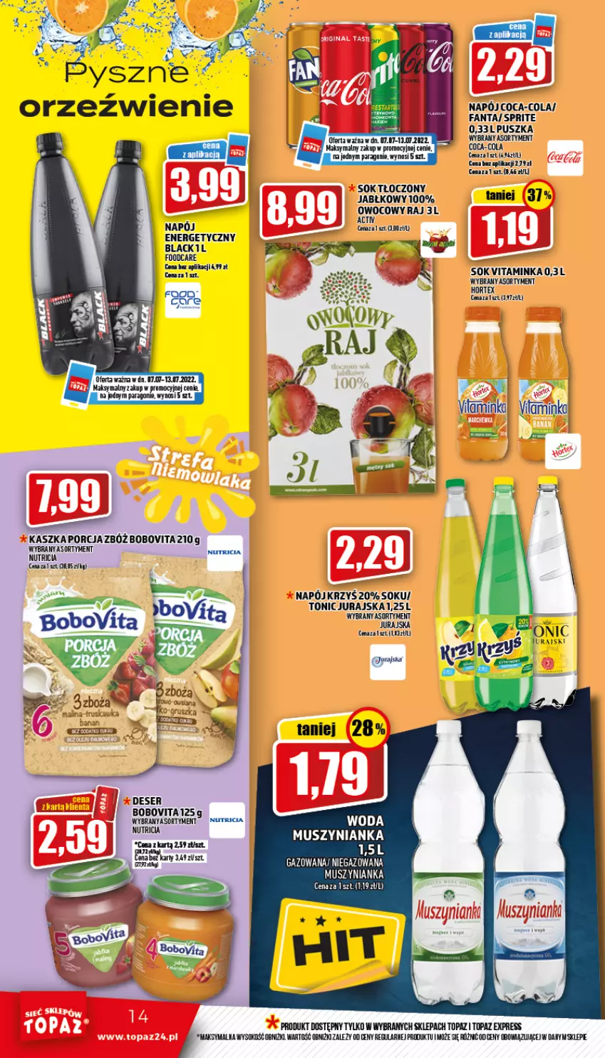 Gazetka promocyjna Topaz - Gazetka - ważna 07.07 do 13.07.2022 - strona 14 - produkty: BoboVita, Coca-Cola, Deser, Fa, Fanta, Hortex, Inka, Mus, Muszynianka, Napój, Por, Ser, Sok, Sprite, Top, Woda